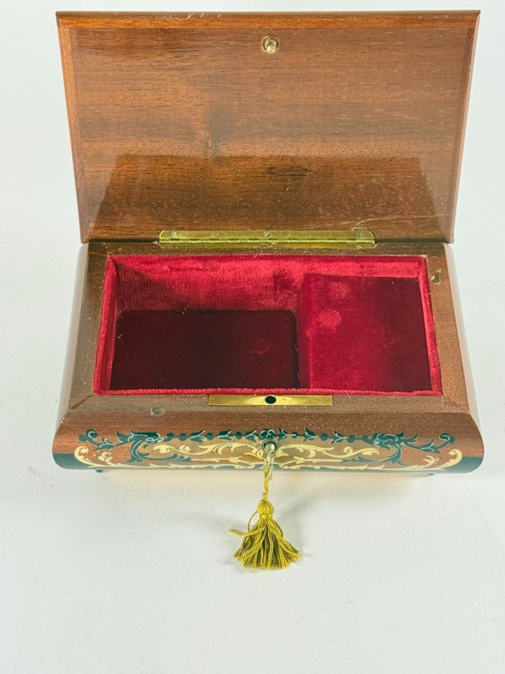 Wooden Jewelry Box W/ Intricate Inlay Red Velvet Interior & Key Song Ebb Tide